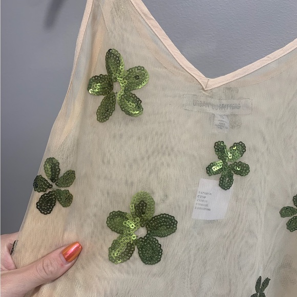 Urban Outfitters Everly Cream Green Sequin Flower Applique Sheer Mesh Midi Dress - Picture 5 of 9